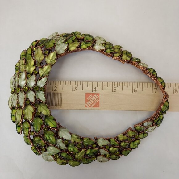 Vintage Copper Lucite Leaves Set Choker Necklace Post Earrings Green Rhinestone - Picture 13 of 16